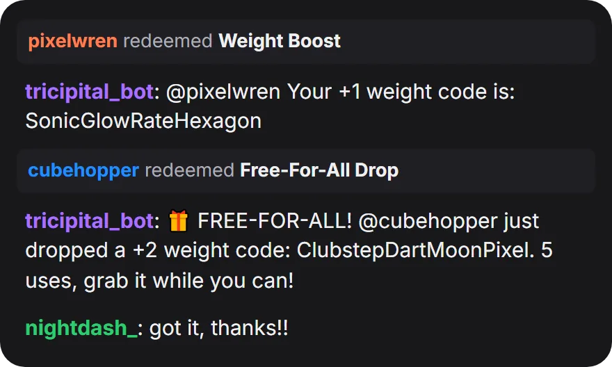 A viewer uses a channel point redemption and the bot replies with their weight code