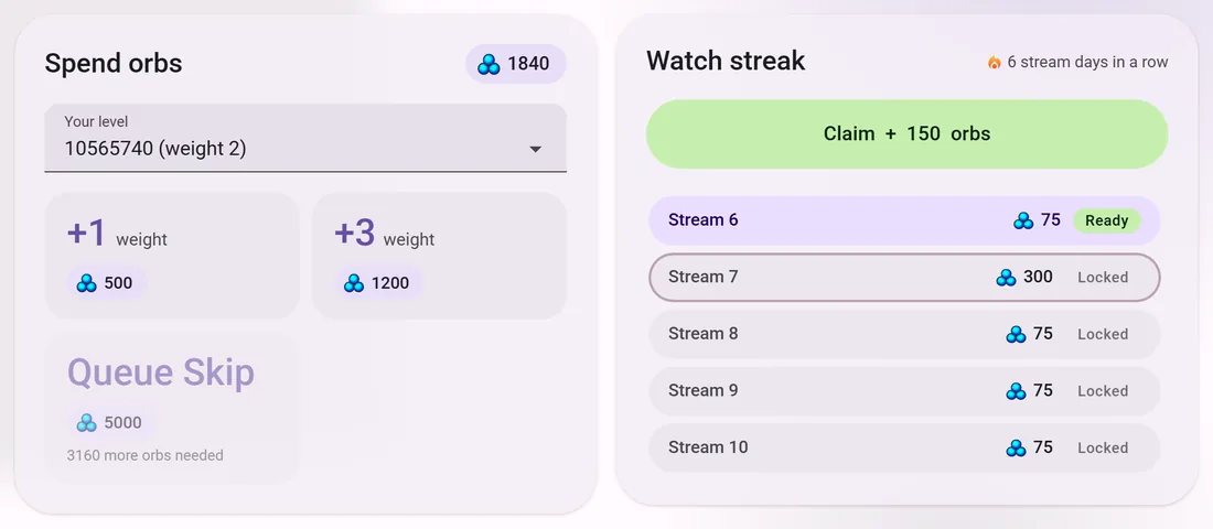 The Orbs tab: spending tiers and a watch streak